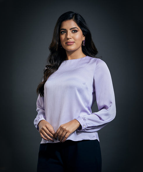 Long Sleeve Crepe Satin Top-Light Blue